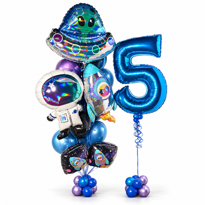 Front view of a space birthday balloon arrangement with astronaut, rocket, UFO and blue number 5