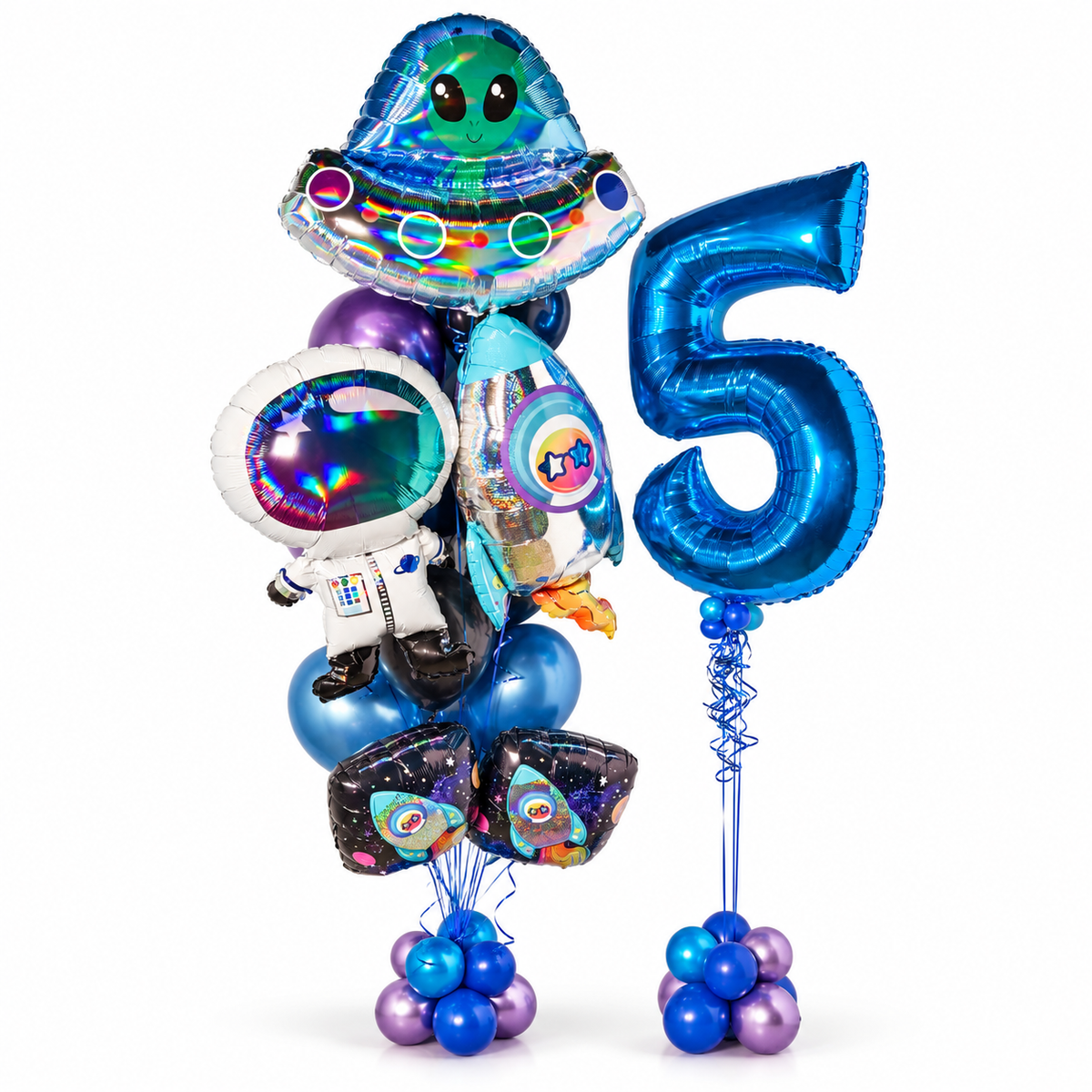 balloon-bouquet-number-5-angled.pngAstronaut and space birthday balloon bouquet with alien spaceship, rocket and blue number 5 balloon