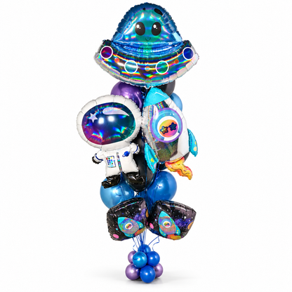 Astronaut space birthday balloon bouquet with UFO, rocket and blue and purple balloons