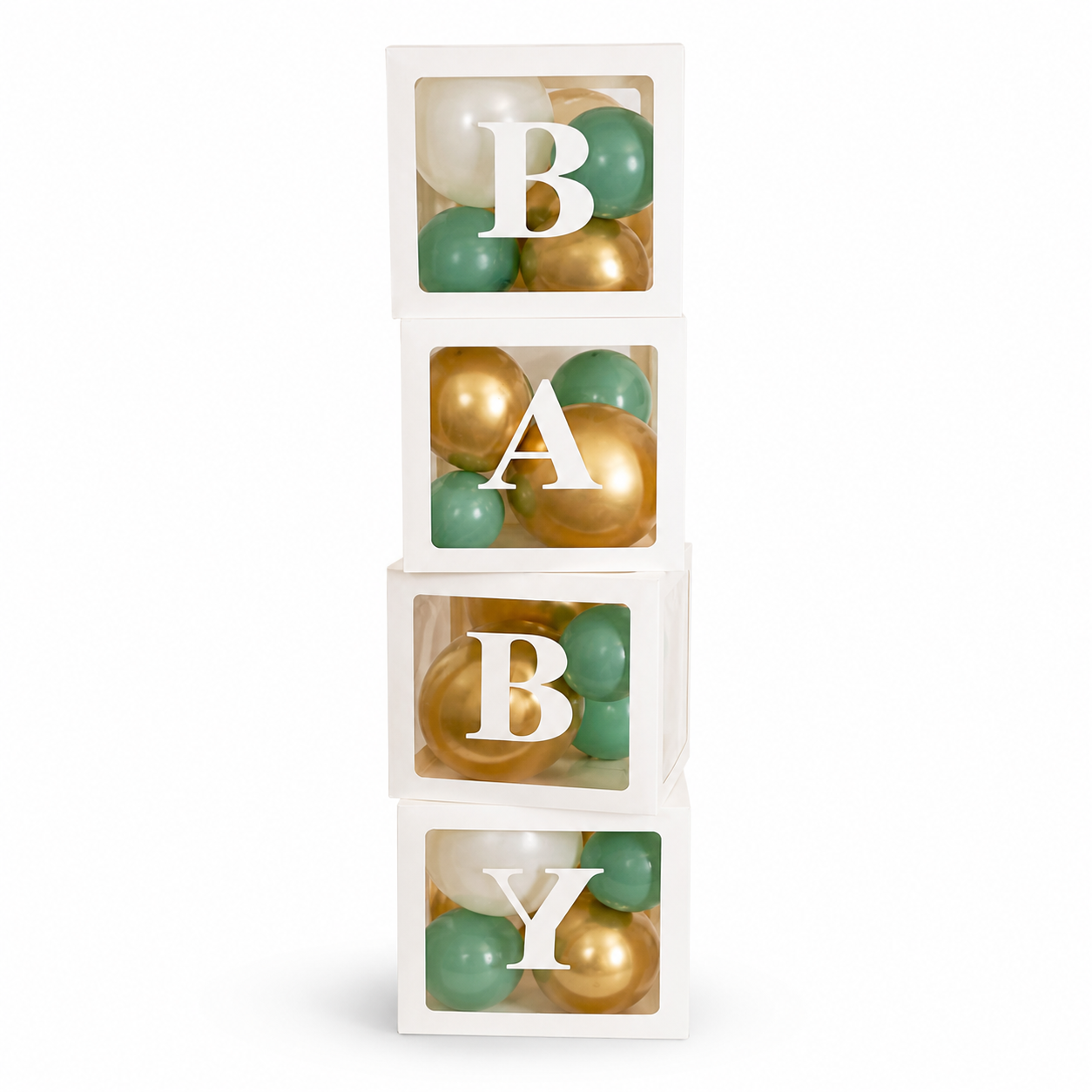 Baby balloon boxes with green, gold and white balloons, baby shower decoration display boxes Toronto GTA