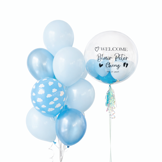 Baby boy welcome balloon bouquet with personalized bubble balloon and blue helium balloons Toronto same day delivery