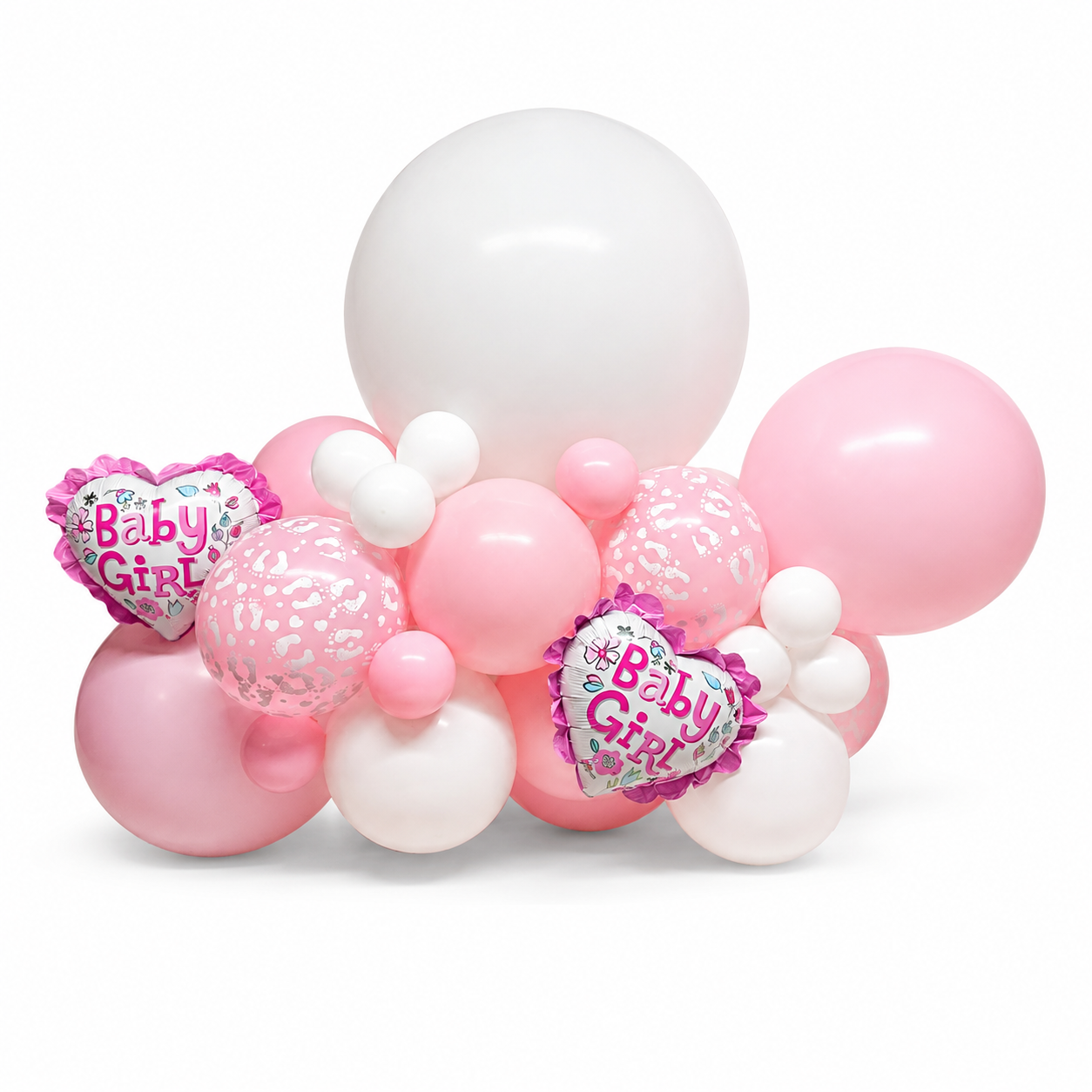 Premium baby girl balloon arrangement in pink and white with jumbo balloons and heart foil balloons for baby shower decor in Toronto.