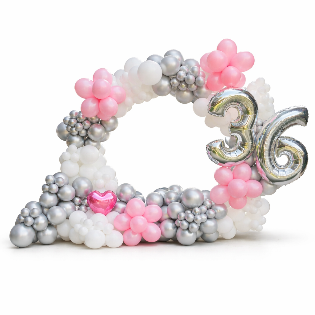 Pink, silver and white balloon arch with number 36 foil balloons and heart accent, luxury birthday balloon decor Toronto same day delivery