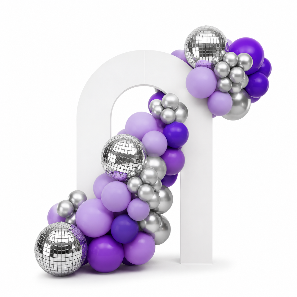 Balloon arch backdrop with purple and silver organic garland and disco balls, modern balloon decor setup in Toronto