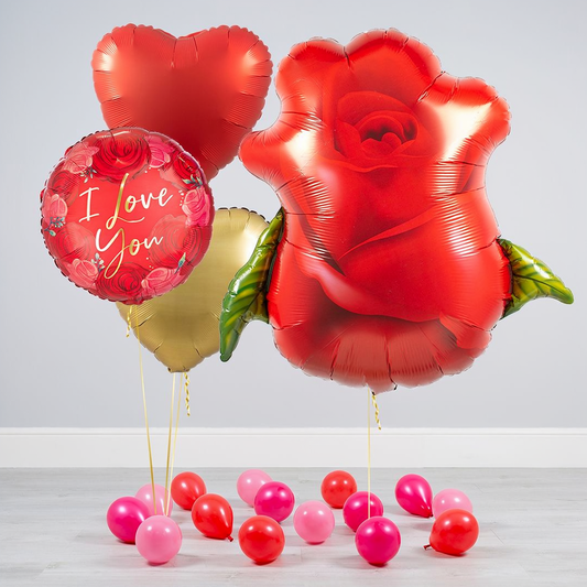 Balloon bouquet Toronto with rose supershape, red heart, gold heart and I Love You foil balloon