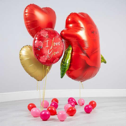 Rose balloon bundle helium bouquet in Toronto with heart balloons and I Love You foil