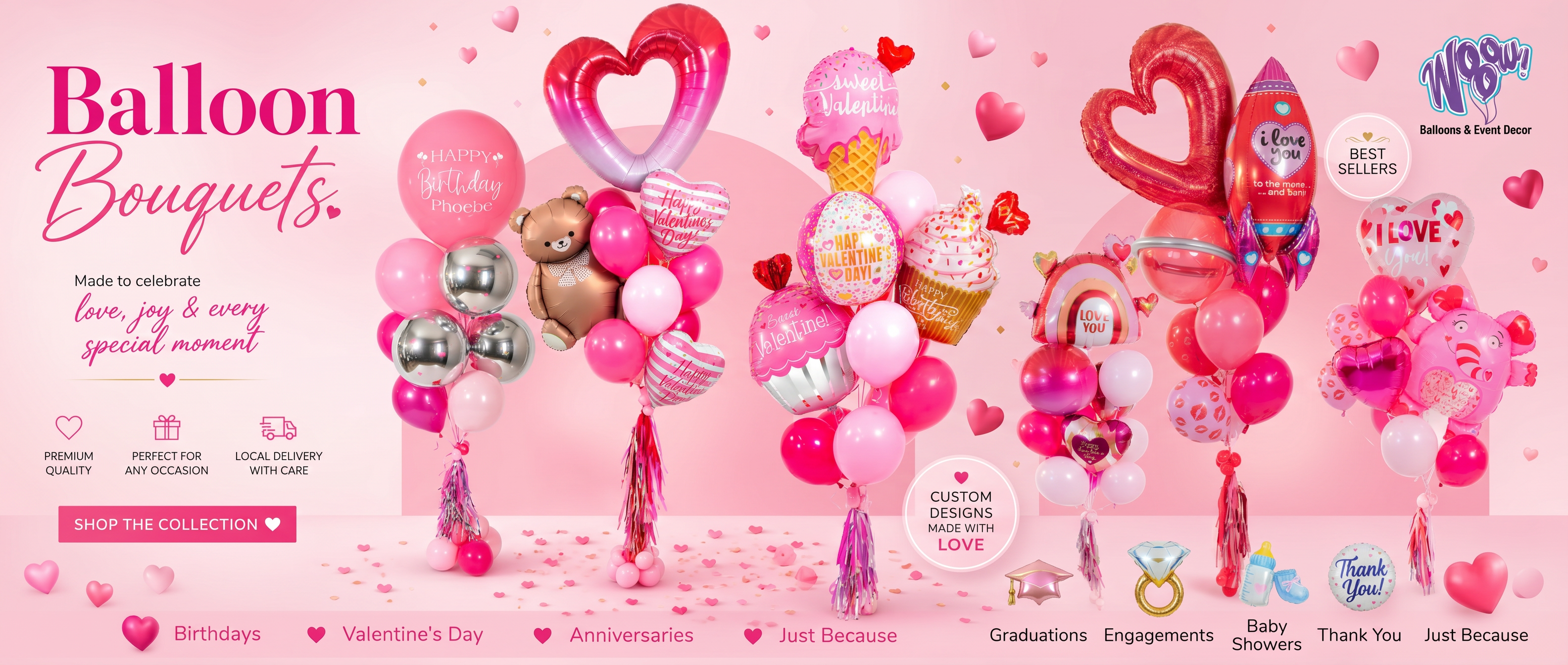 Custom balloon bouquets in pink tones for birthdays, Valentine’s Day and special occasions, same day delivery in Toronto