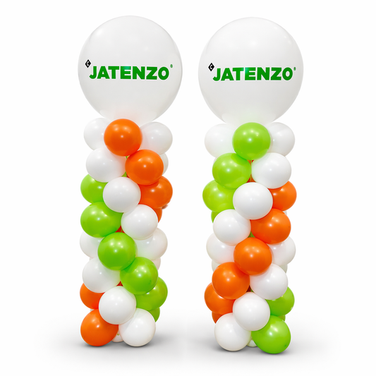 Custom balloon columns with company logo branding in white, green, and orange, designed for corporate events and business promotions in Toronto.