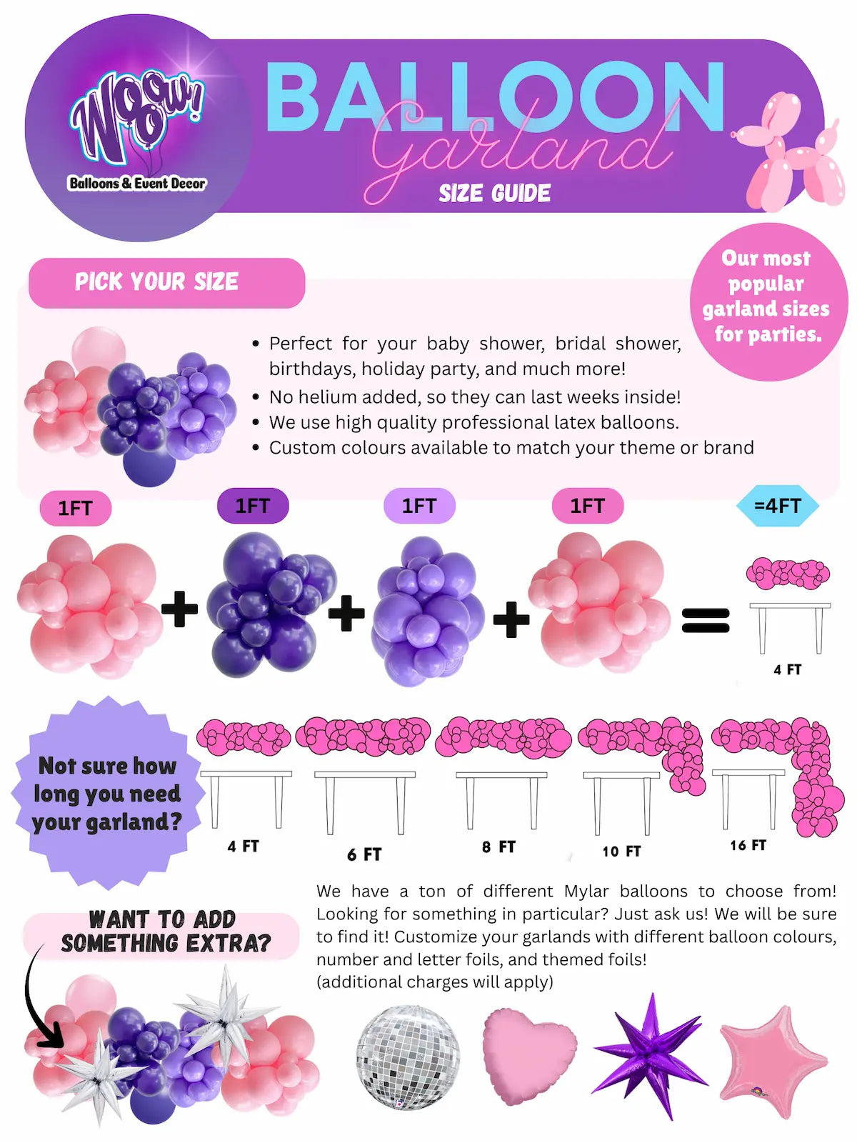 Wooow Balloons Toronto size guide comparing 4, 6, 8, 10 and 16 ft custom balloon garlands.