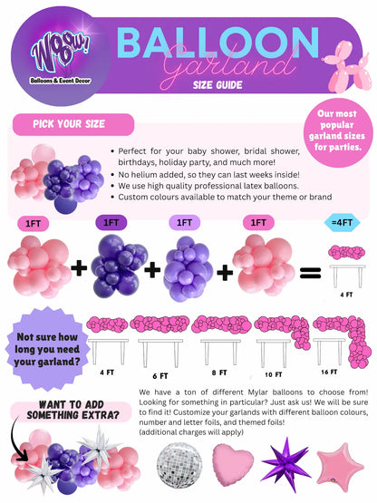 Wooow Balloons Toronto size guide comparing 4, 6, 8, 10 and 16 ft custom balloon garlands.