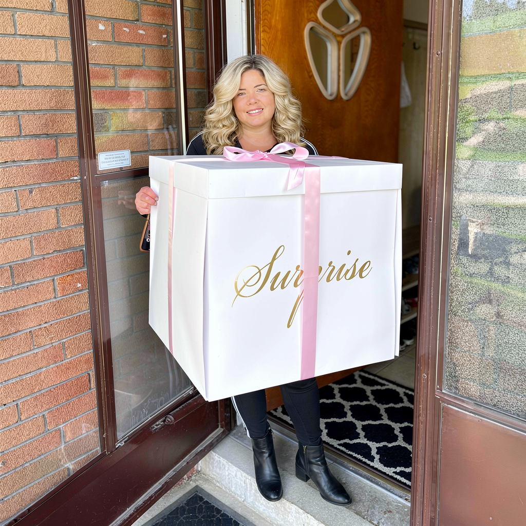 White balloon gift box in Toronto with luxury ribbon for a surprise balloon reveal