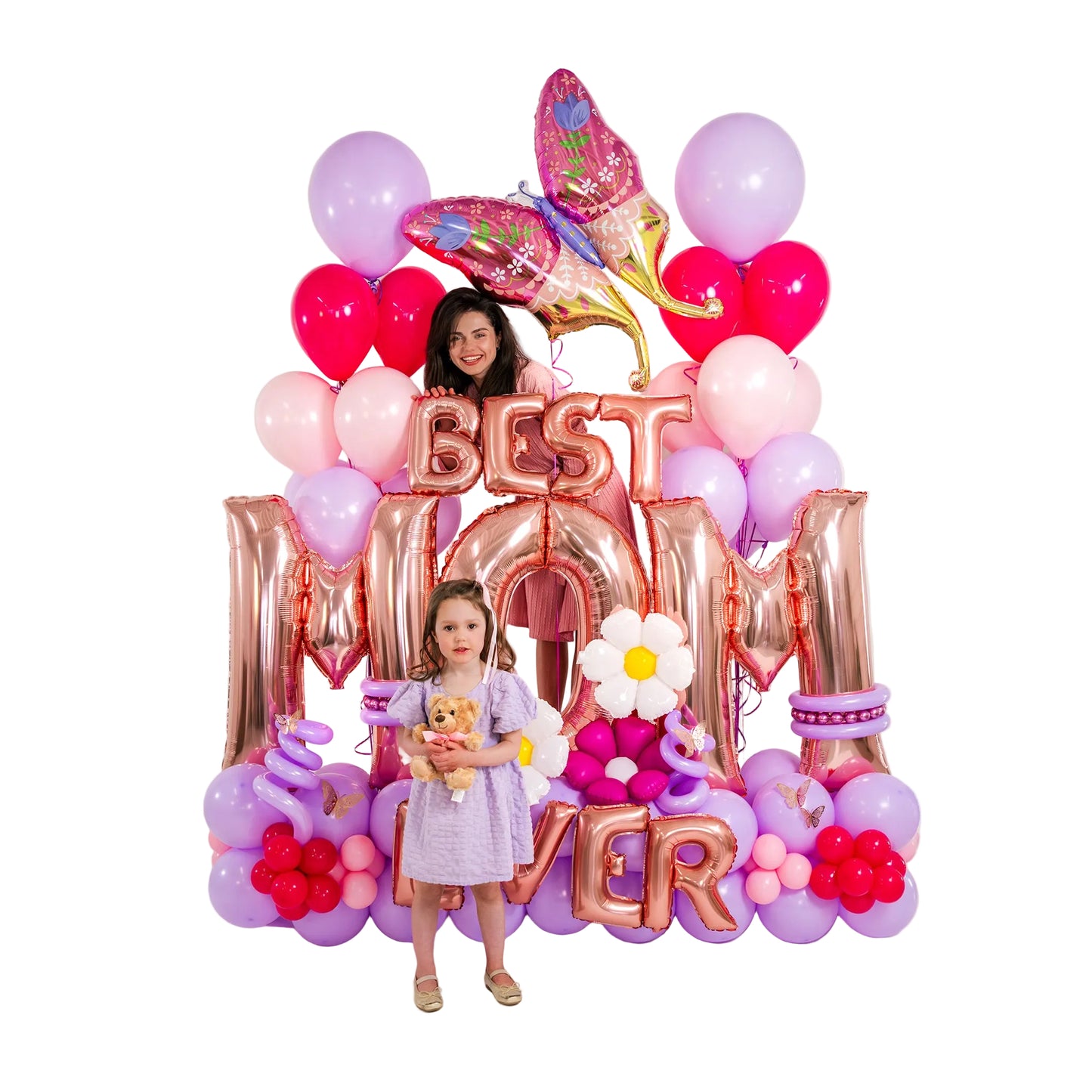 Balloons for Mom Toronto with rose-gold lettering, pastel balloon base and colourful butterfly topper.