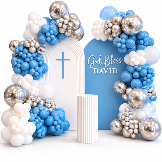 Blue white and silver baptism balloon backdrop with cross and custom God Bless name sign in Toronto