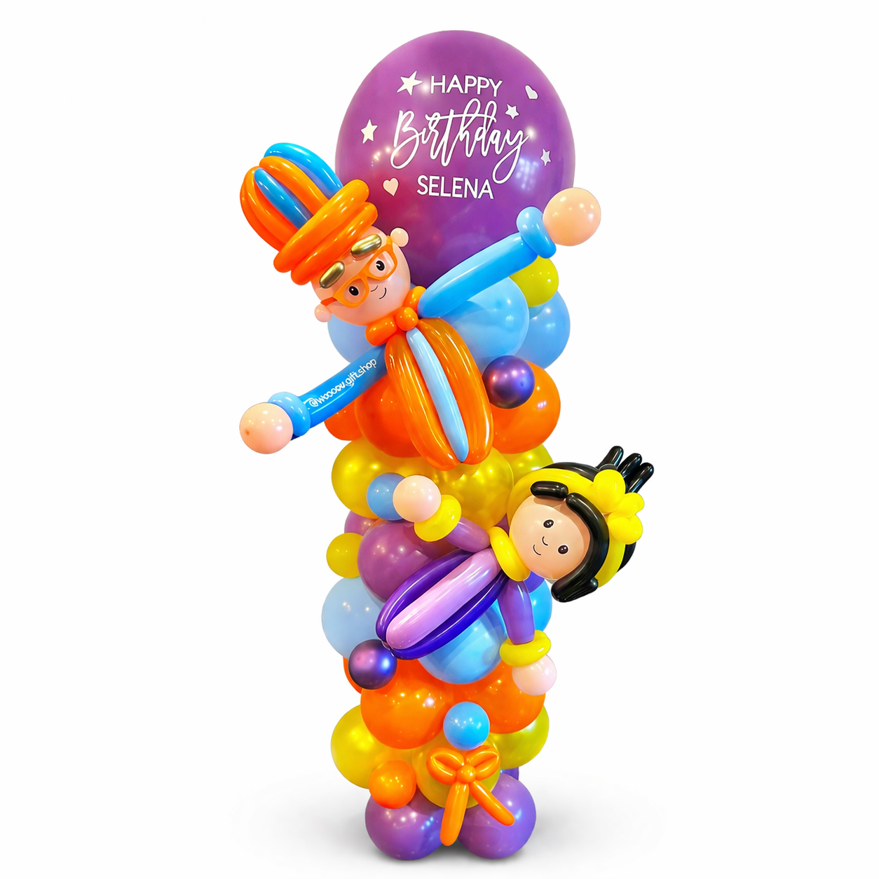Bipply themed balloon column for kids birthday with custom name Selena, colorful character balloon arrangement in Toronto, custom kids party balloon decor GTA