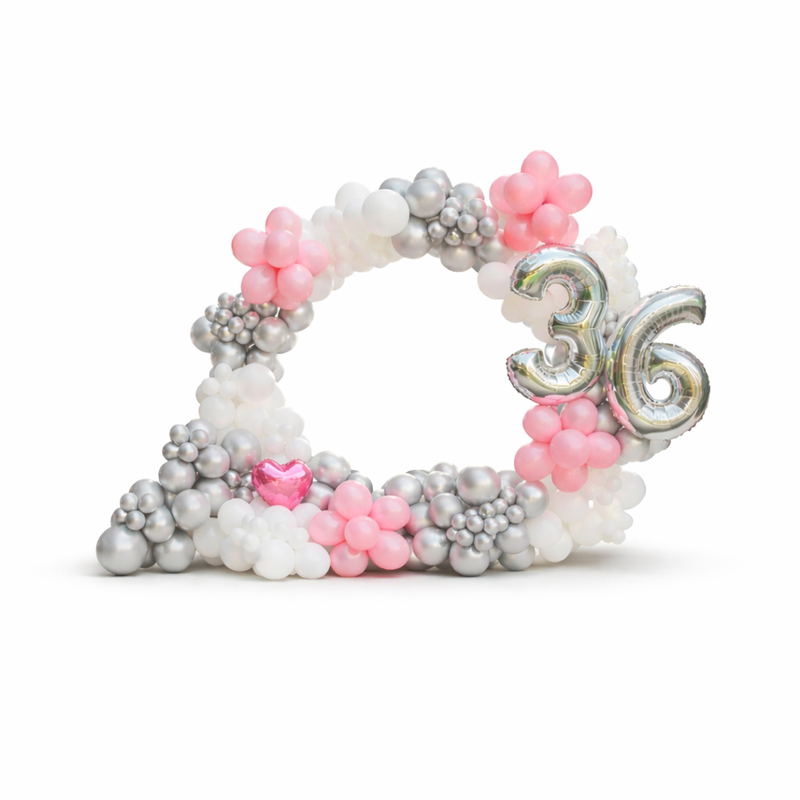 Birthday balloon arch Toronto pink silver white balloon garland with number 36 luxury birthday balloons GTA same day delivery