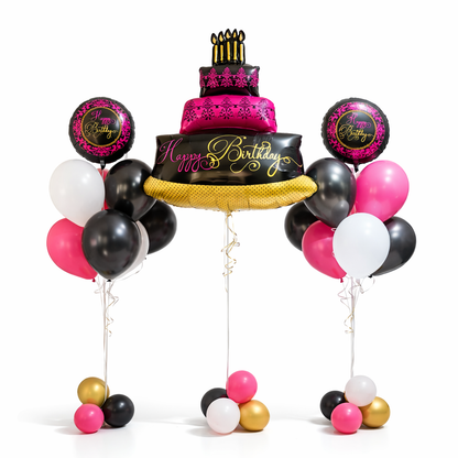 Luxury birthday balloon bouquet with cake balloon centerpiece and helium balloon clusters in pink black gold and white, same day balloon delivery Toronto