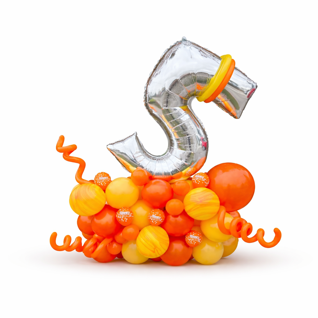 Orange and yellow birthday balloon bouquet with silver number 5 balloon Toronto same day delivery