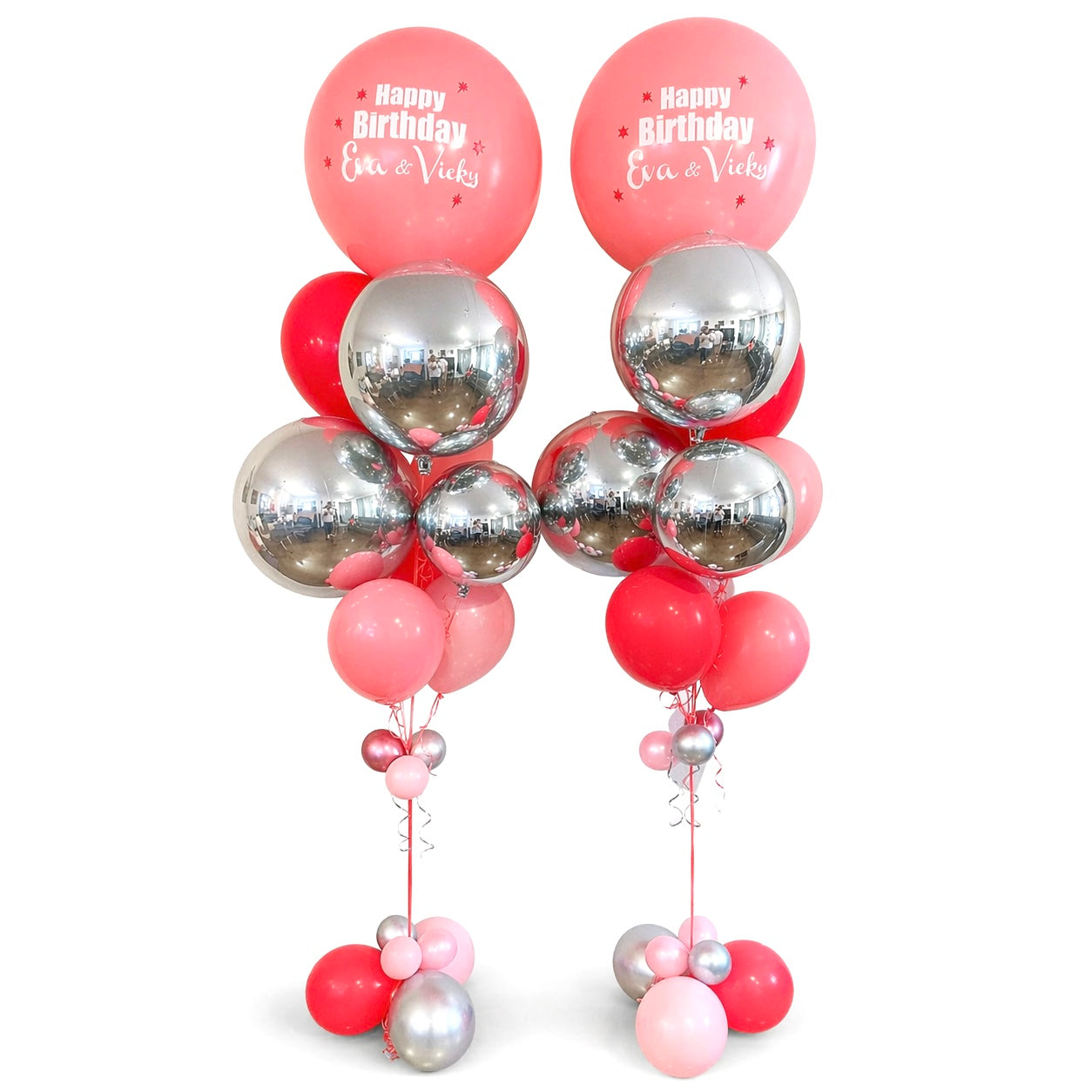 Luxury birthday balloon bouquet in pink and silver with personalized “Happy Birthday Eva & Vicky” balloons, helium arrangement for balloon delivery in Toronto