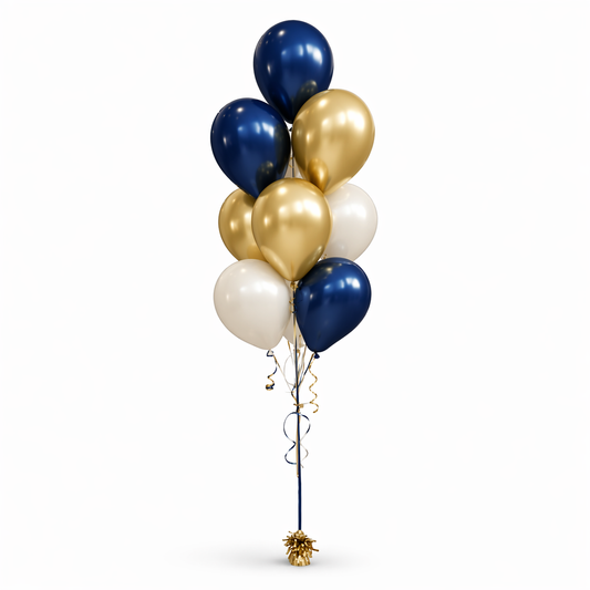 Navy, gold and white birthday balloon bouquet for helium balloon delivery in Toronto and the GTA