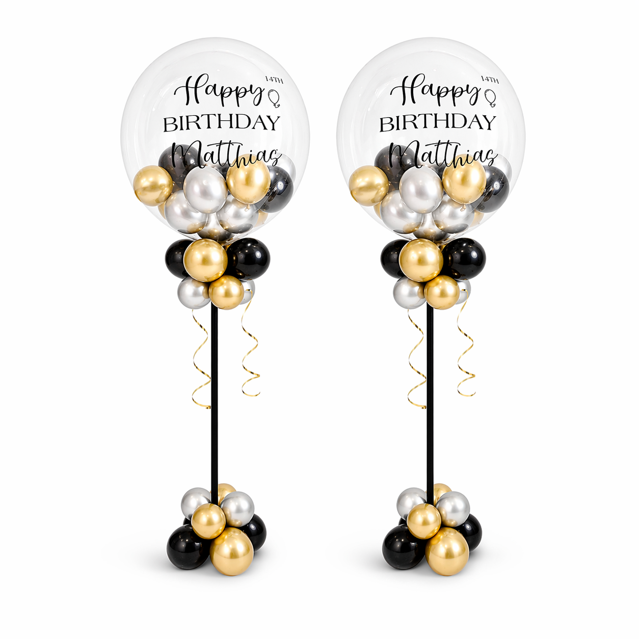 Luxury birthday balloon centerpieces in black, gold, and silver with personalized clear bubble balloons for Matthias 14th birthday in Toronto.