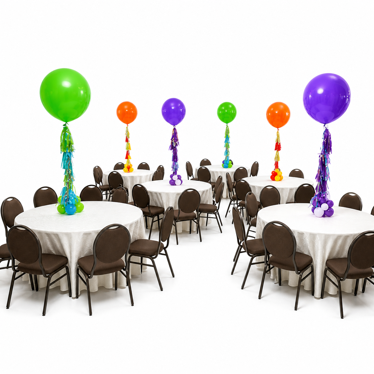 Colourful birthday balloon centrepieces with oversized helium balloons and tassels for Toronto events