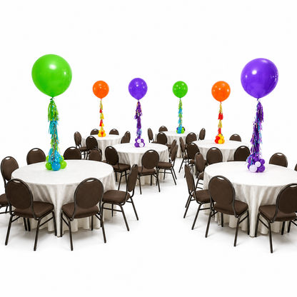 Colourful birthday balloon centrepieces with oversized helium balloons and tassels for Toronto events