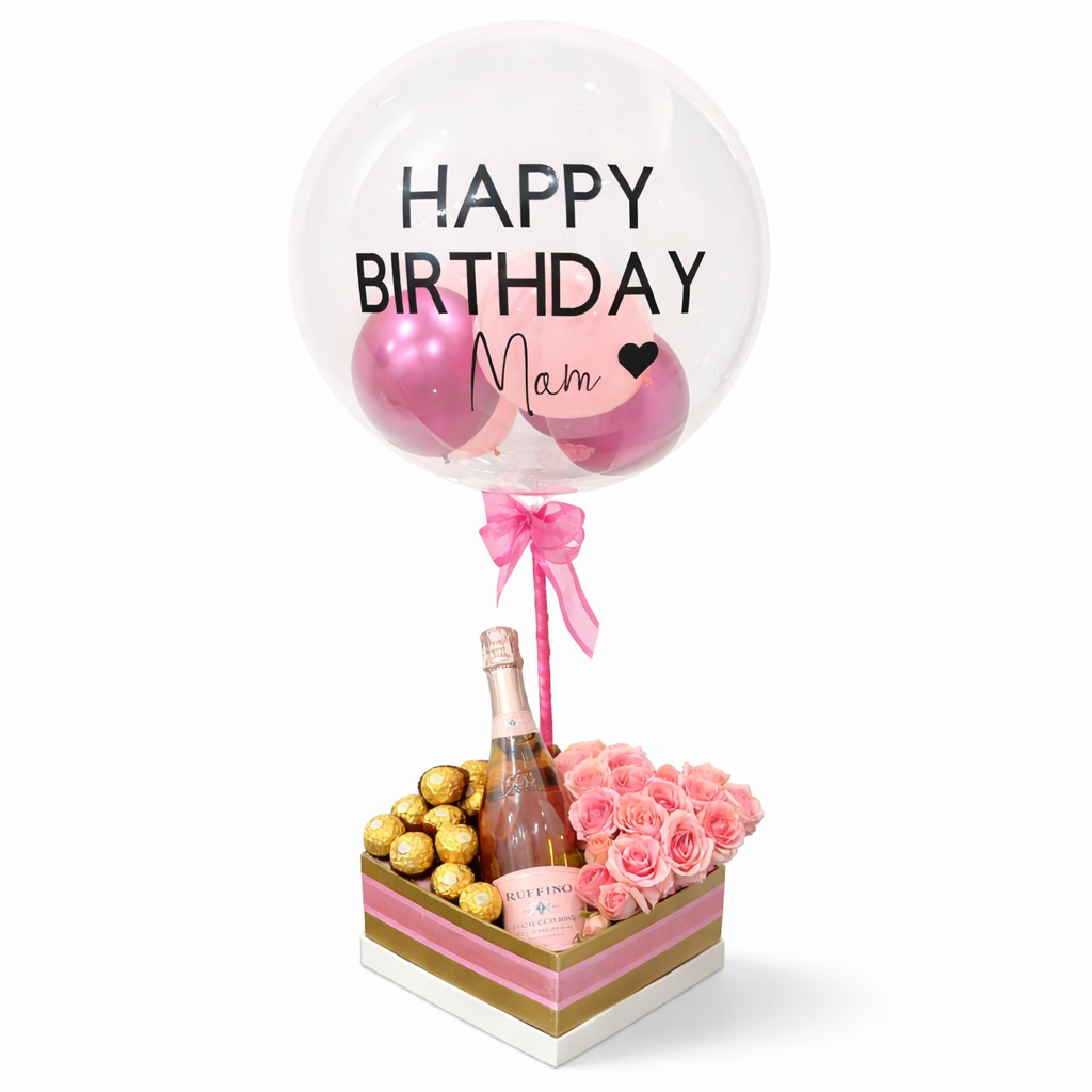 Luxury birthday balloon gift box with roses chocolates and prosecco Toronto same day delivery
