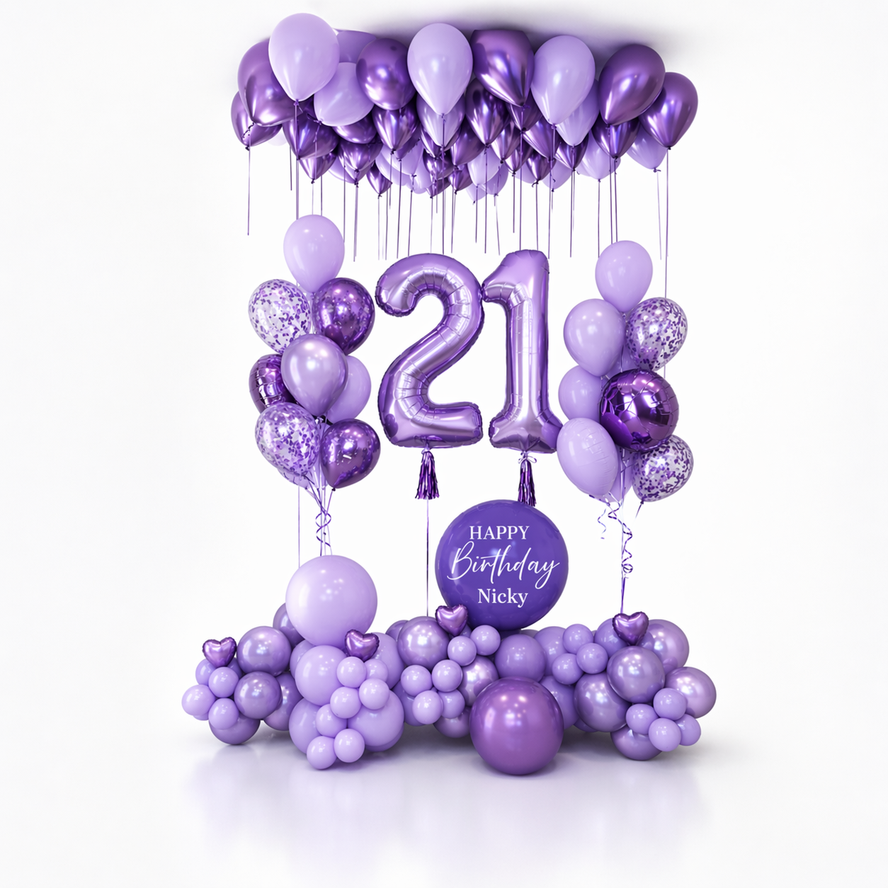 Elegant 21st birthday balloon setup in purple tones with metallic number balloons and custom Happy Birthday Nicky balloon arrangement Toronto
