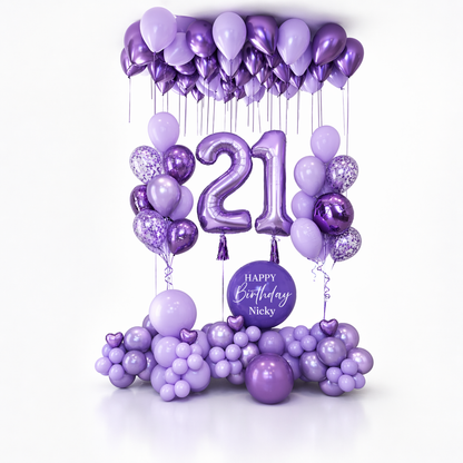 Elegant 21st birthday balloon setup in purple tones with metallic number balloons and custom Happy Birthday Nicky balloon arrangement Toronto