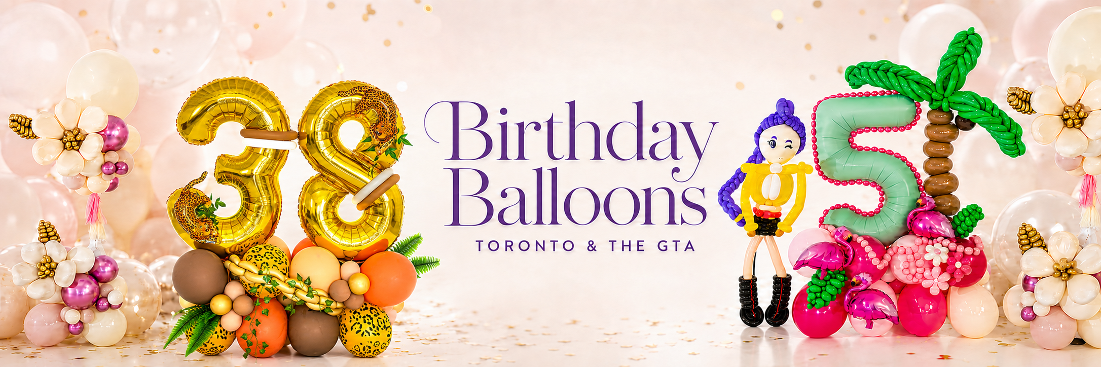 Birthday Balloons Toronto and the GTA collection featuring adult number 38 and kids tropical birthday arrangements by Wooow Balloons