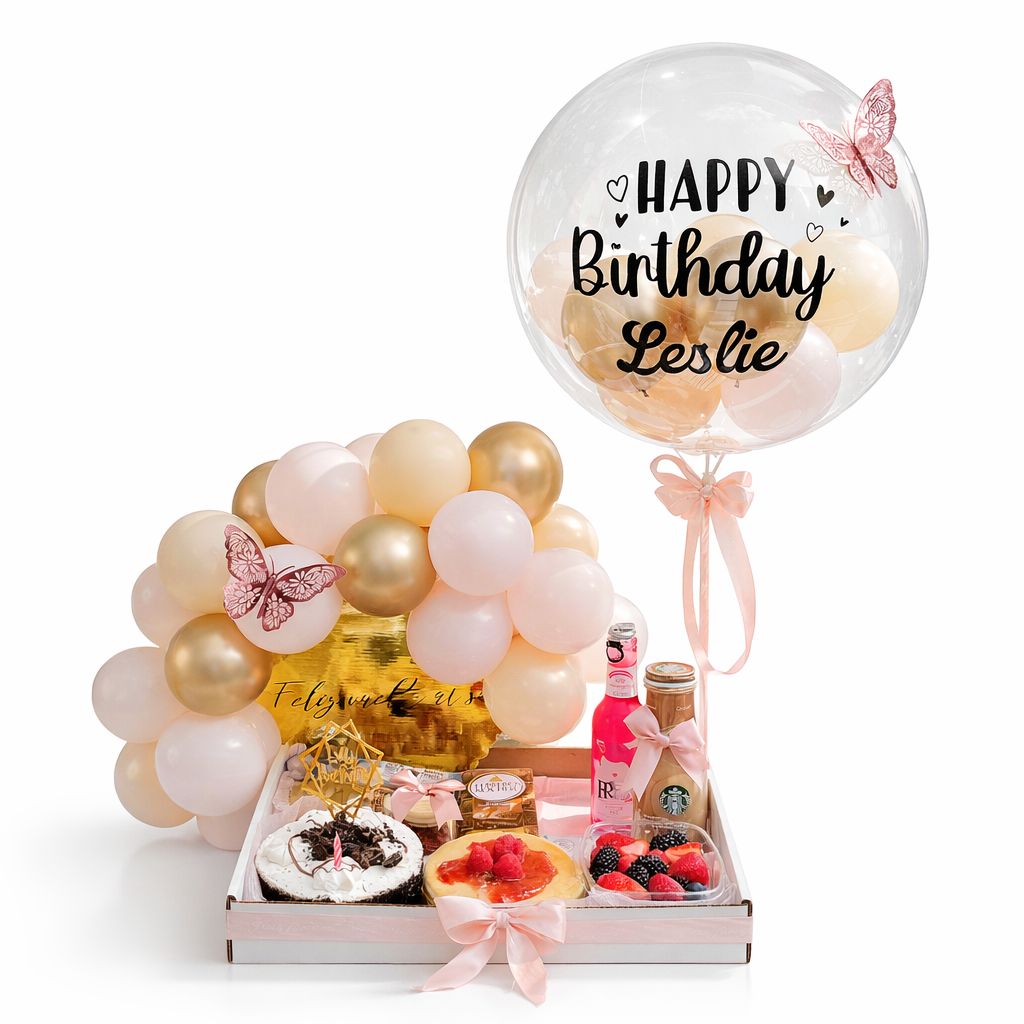 Luxury birthday breakfast surprise gift box with desserts fruit and drinks paired with custom bubble balloon arrangement, elegant birthday gift delivery Toronto GTA