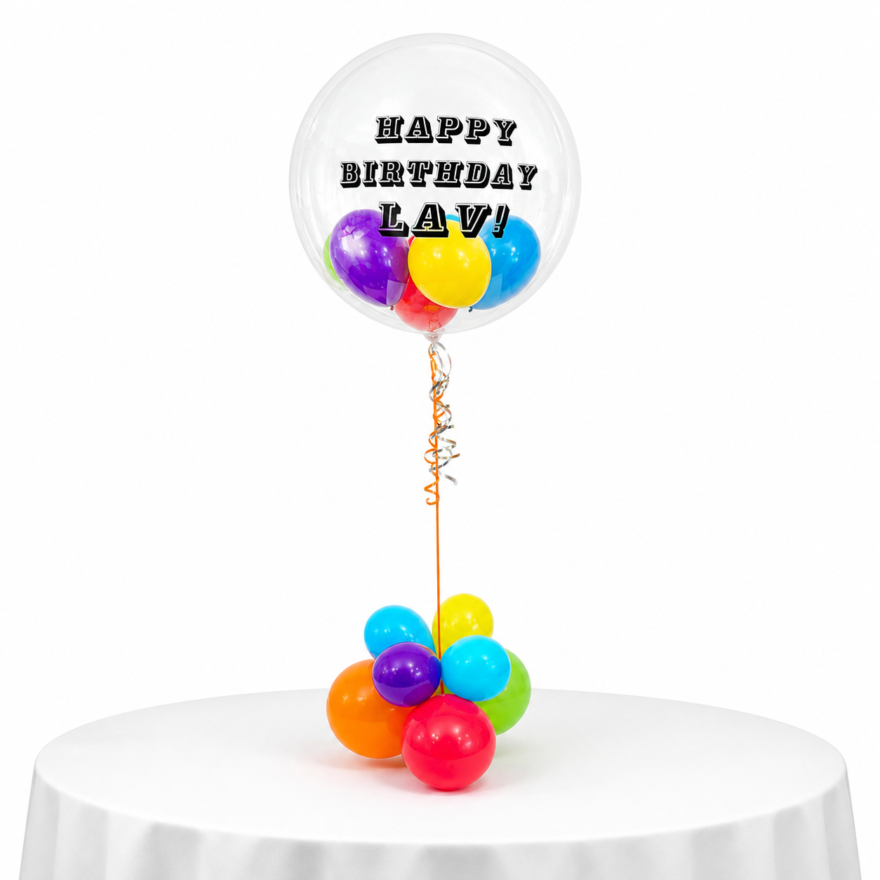 Colourful Happy Birthday bubble balloon centrepiece with custom message for Toronto delivery