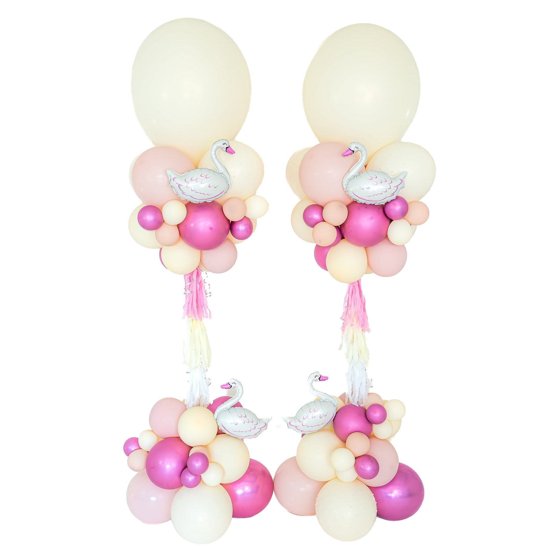 Birthday Entrance Balloons Toronto with two matching pink and ivory swan arrangements by Wooow Balloons