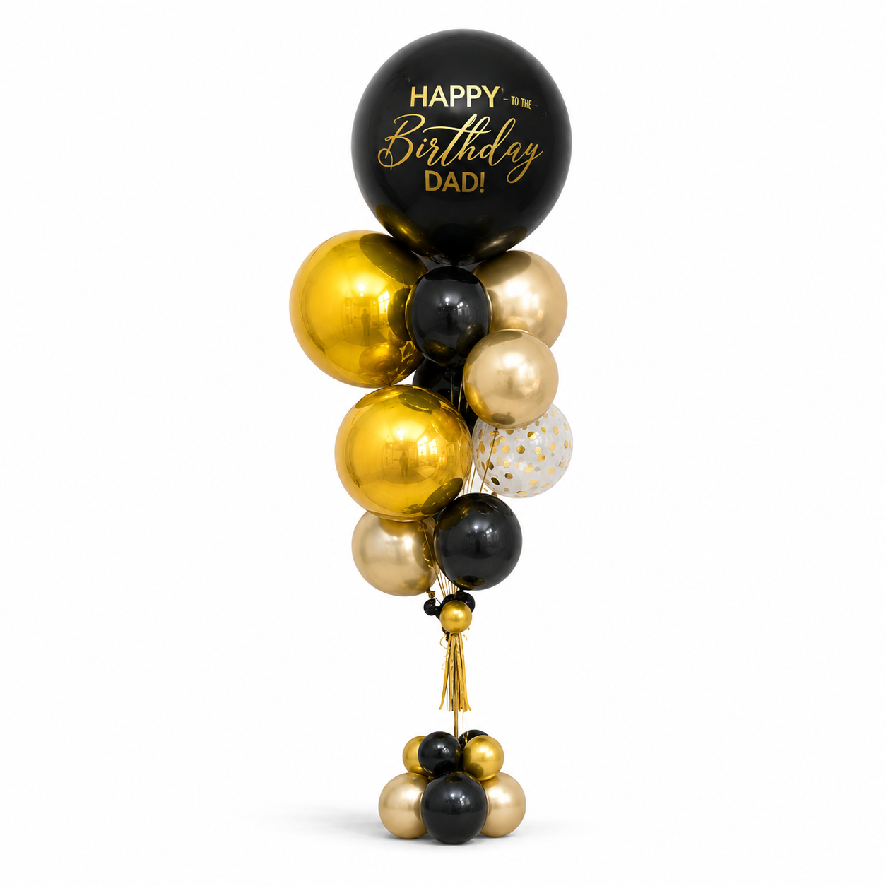 Luxury black and gold Birthday Party Decorations balloon bouquet with Happy Birthday Dad balloon for same-day delivery in Toronto.
