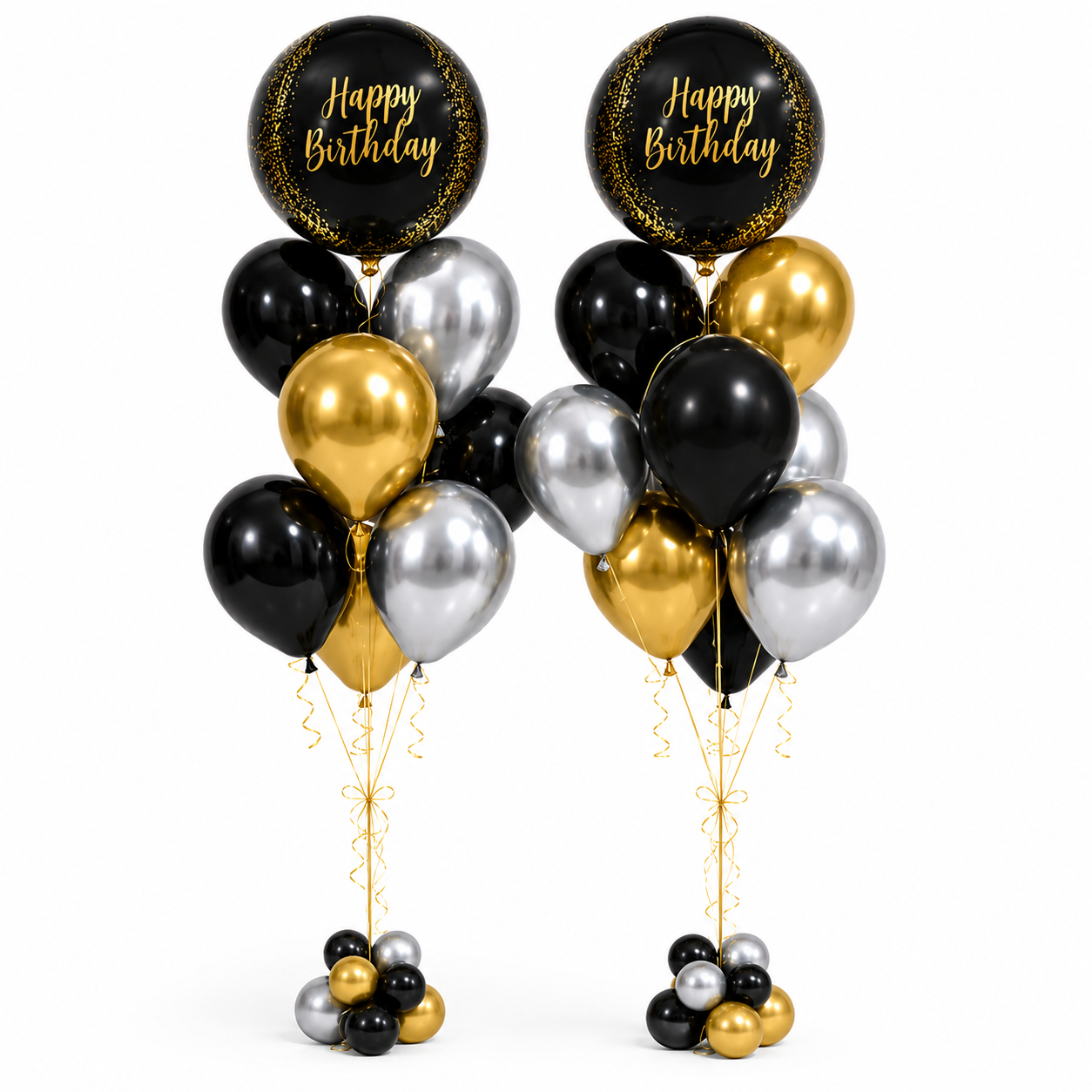 Black, gold and silver Happy Birthday balloon bouquets Toronto by Wooow Balloons