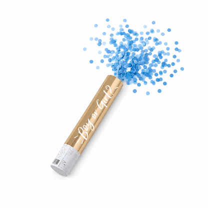Blue gender reveal confetti cannon with metallic gold tube for baby shower and gender reveal parties, perfect for same day party supplies delivery in Toronto & GTA.