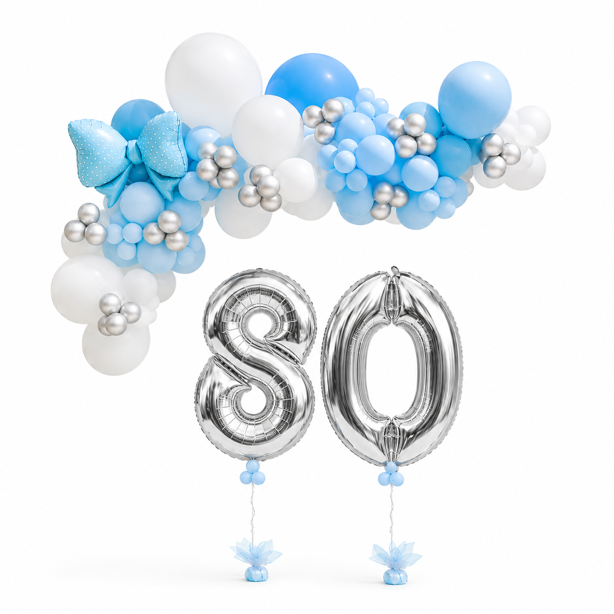 Elegant 80th birthday balloon garland in blue, white, and silver with giant silver number balloons for birthday party decor in Toronto