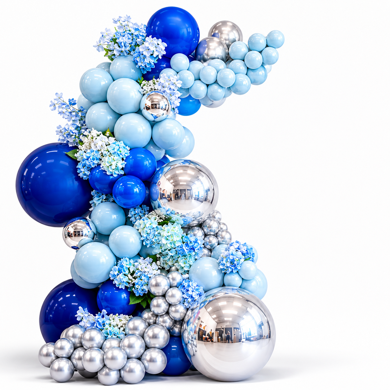 Luxury blue and silver freestanding balloon garland with metallic chrome balloons and floral accents for birthdays, graduations, corporate events, and celebrations in Toronto