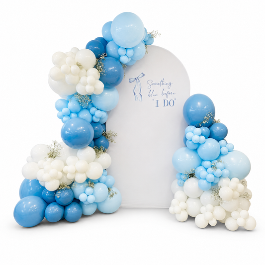 Blue and white bridal shower balloon backdrop with Something Blue Before I Do sign in Toronto