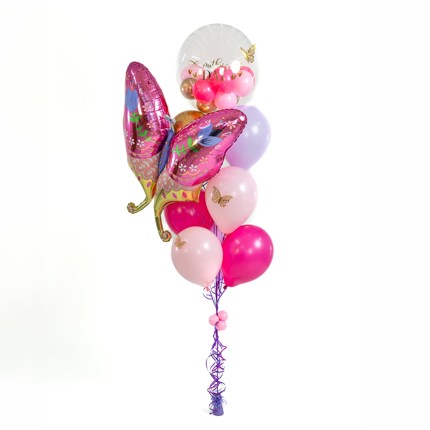 Luxury butterfly Mother’s Day balloon bouquet in Toronto with pink helium balloons and elegant bubble balloon