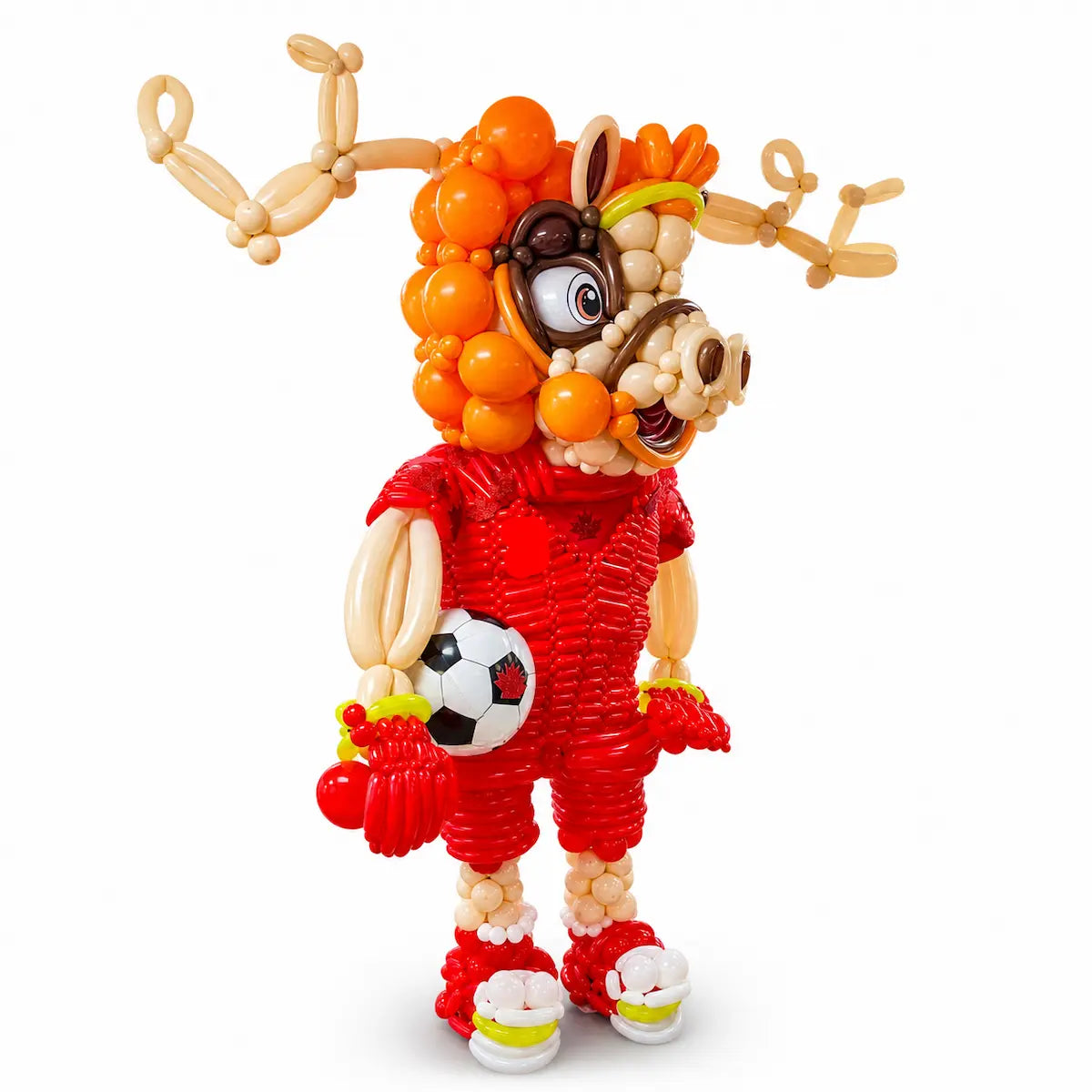 Side view of a handcrafted Canadian moose soccer balloon sculpture created by Wooow Balloons in Toronto.