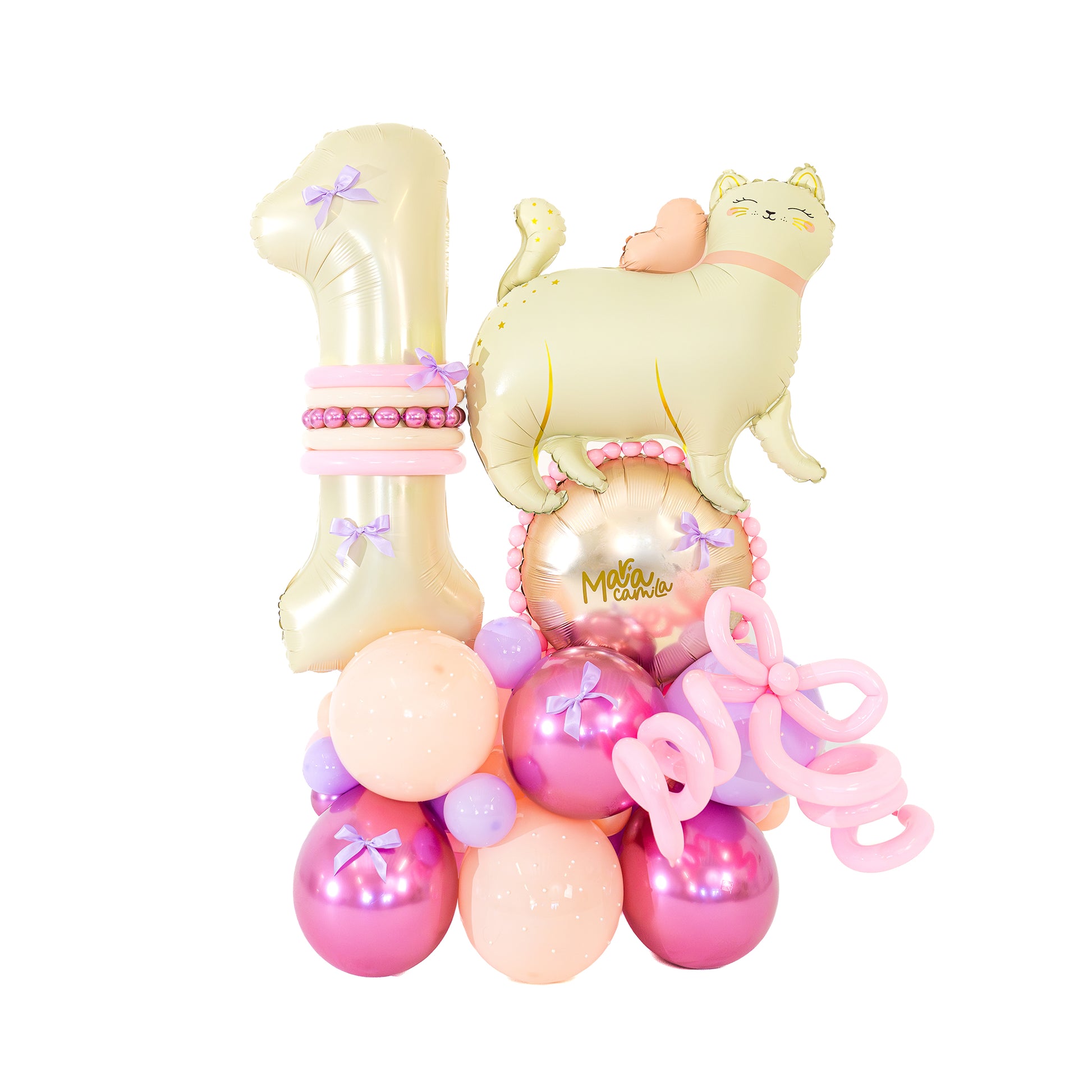 Cat Birthday Balloons Toronto with number one, custom name, pink bows and kitty design by Wooow Balloons