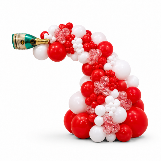 Champagne bottle balloon arch with organic gold and white balloons for celebrations in Toronto