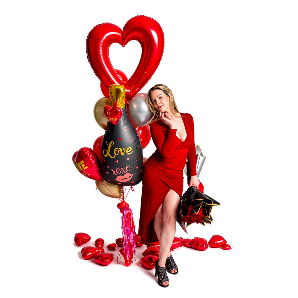 Romantic balloon bouquet with champagne bottle balloon and metallic tones