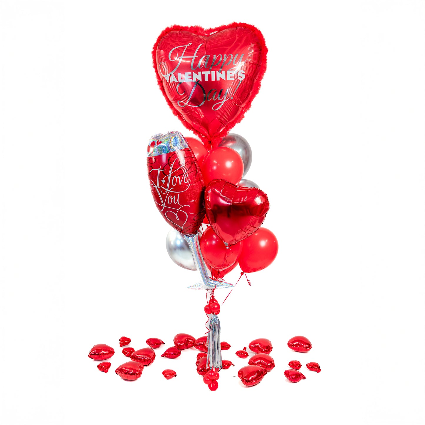 Champagne glass foil balloon with Valentine hearts in a luxe balloon bouquet in Toronto
