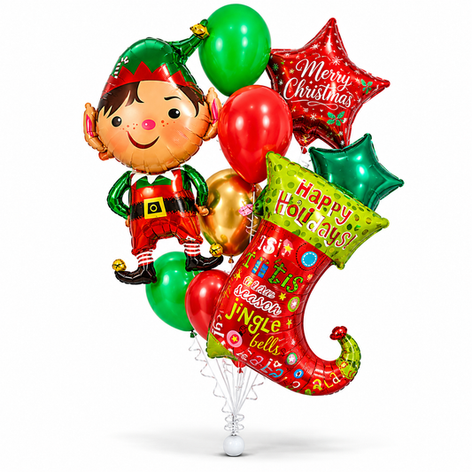 Luxury Christmas elf balloon bouquet with festive stocking balloon and Merry Christmas balloons in Toronto, perfect for holiday gifts, office parties, and Christmas celebrations.