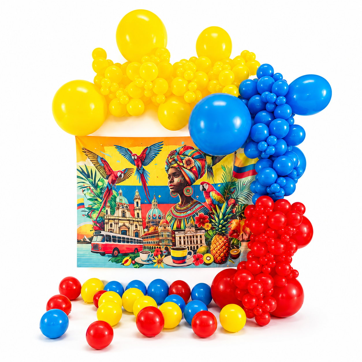 Luxury Colombia themed balloon backdrop with red, blue and yellow balloon garland and tropical printed backdrop for events in Toronto and GTA.