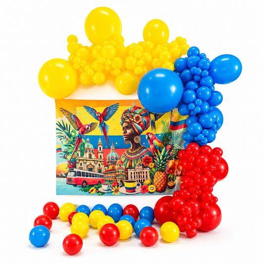 Luxury Colombia themed balloon backdrop with red, blue and yellow balloon garland and tropical printed backdrop for events in Toronto and GTA.