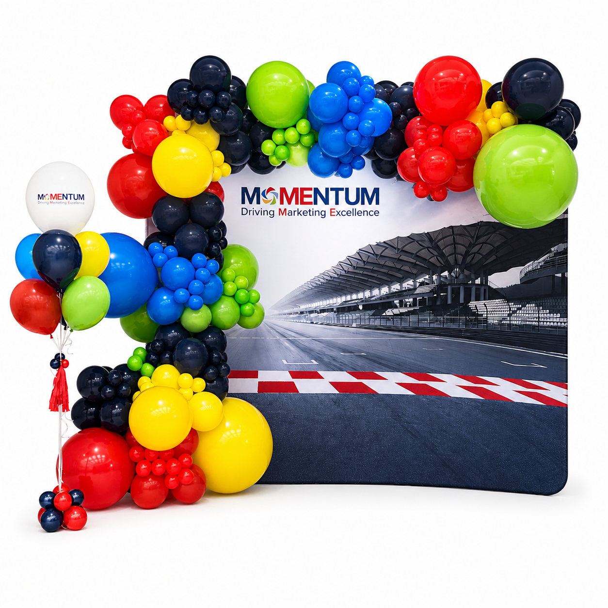 Colorful corporate balloon arch with custom branded backdrop featuring red, blue, green, yellow, and navy organic balloons, professionally styled on a white background for corporate events, trade shows, grand openings, conferences, and brand activations in Toronto by Wooow Balloons.