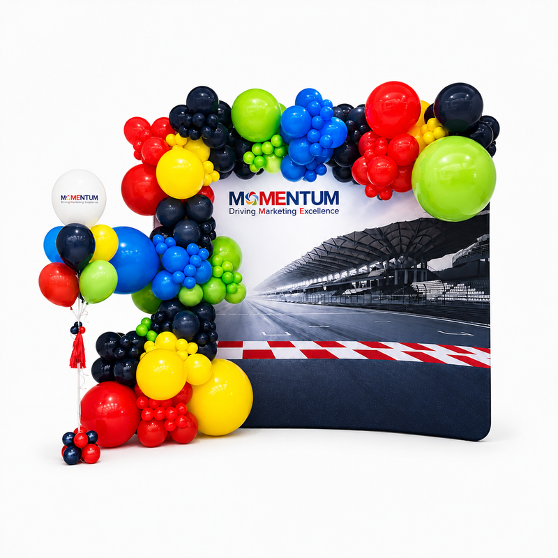 Corporate balloon arch in branded colours with custom logo balloon bouquet for Toronto events